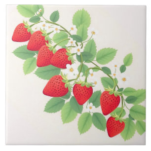 Azulejo Fresas Lindas Con Hojas Verdes Y Flores