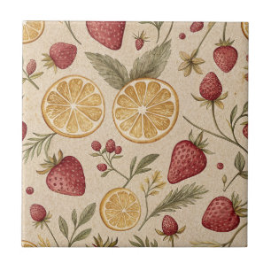 Azulejo Fresas y cítricos vintage sobre botánica de crema