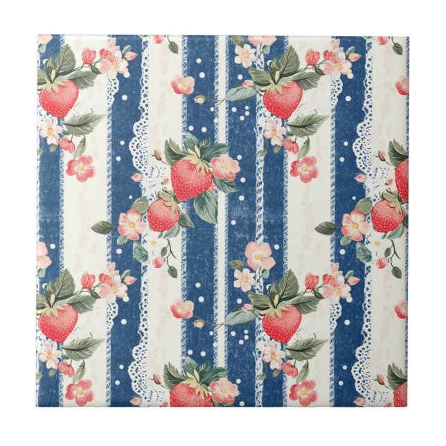 Azulejo Fresas y flores antiguas en franjas azules (2) (Frente)