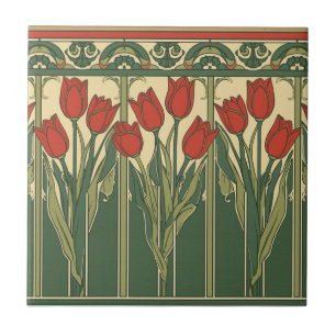 Azulejo Frieze de Tulipán Rojo Estilo Misión Vintage