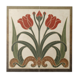 Azulejo Frieze de Tulipán Rojo Estilo Misión Vintage