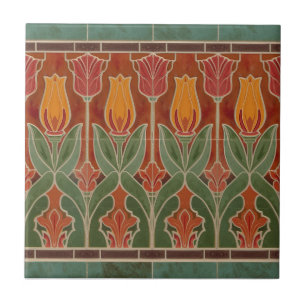 Azulejo Frieze de tulipán rojo estilo misión vintage