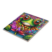Frog Whimsical Abstract Pintura Art Floral Verde