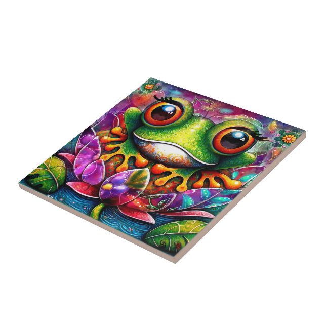 Azulejo Frog Whimsical Abstract Pintura Art Floral Verde (Lado)