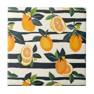 Azulejo Fruta cítrica botánica con rayas negras y crema