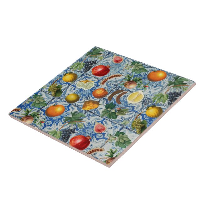Azulejo Fruta mediterránea de verano y mosaico blanco azul (Lado)