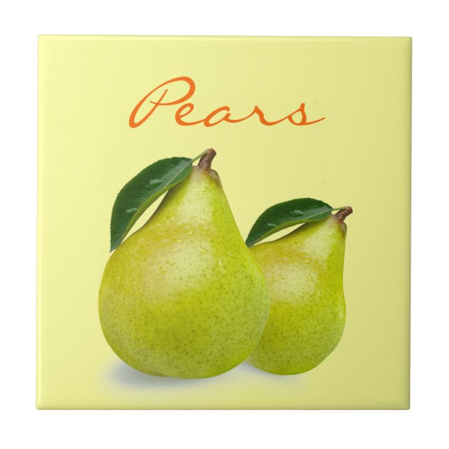 Azulejo Fruta verde de la pera con las hojas que redactan (Frente)