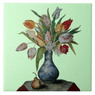 AZULEJO FRUTAS DE LA TEMPORADA, TULIPANES EN JARRÓN Y PERA