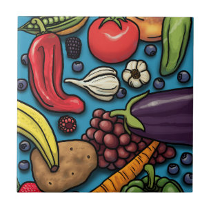 Azulejo Frutas y verduras coloridas sobre el azul
