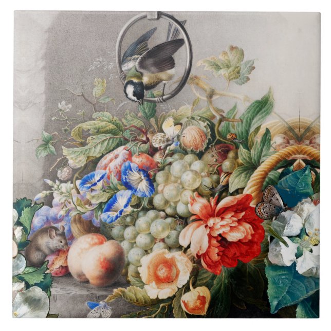 AZULEJO FRUTOS, FLORES, TUMBONAS, PAREDES Y PÁJARO PEQUEÑO (Frente)