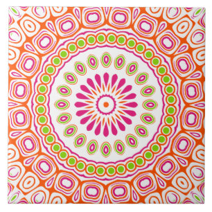 Azulejo Fuchsia Naranja y Green Vibrant Mandala Pattern