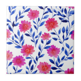 Azulejo Fuchsia Pink Chic Spring Flowers Watercolor Floral