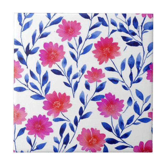 Azulejo Fuchsia Pink Chic Spring Flowers Watercolor Floral (Frente)