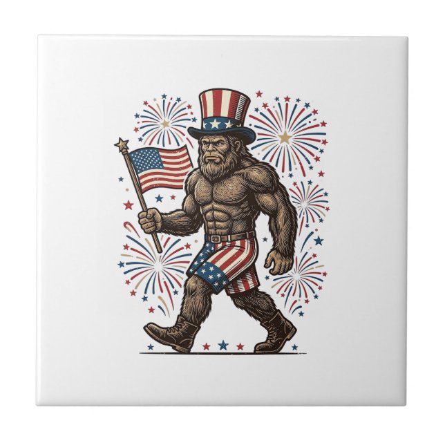 Azulejo Fuegos Artificiales Patrióticos Sasquatch Grabado  (Frente)