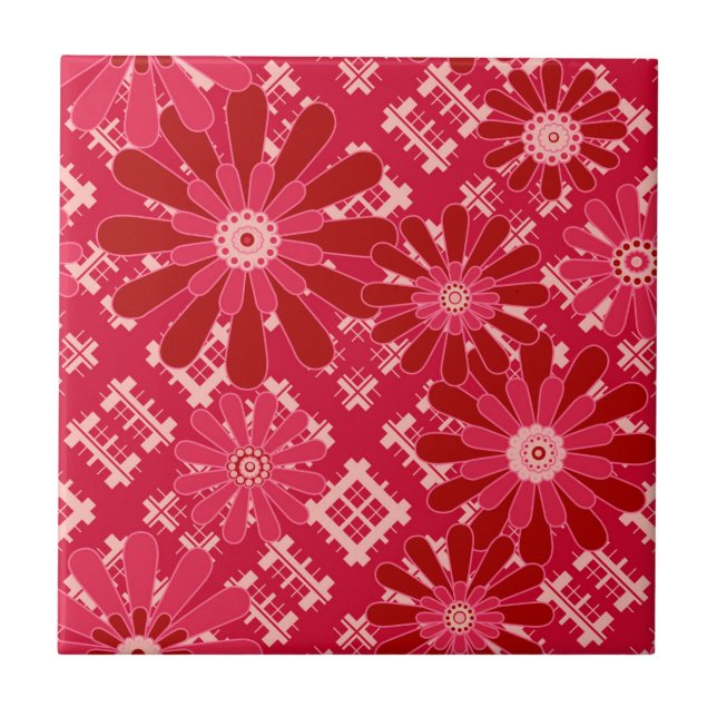 Azulejo Funda floral , floral , plaid , rojo , rojo , rúst (Frente)