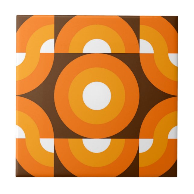 Azulejo Funky Naranja Brown Retro Círculos Patrón de arte (Frente)