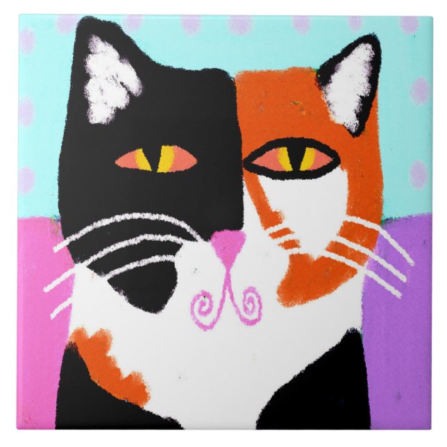 Azulejo Funky Resumen Art Calico Cat (Frente)