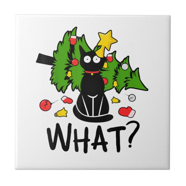 Azulejo Funny Black Cat Christmas Tree Merry Santa Humor C (Frente)
