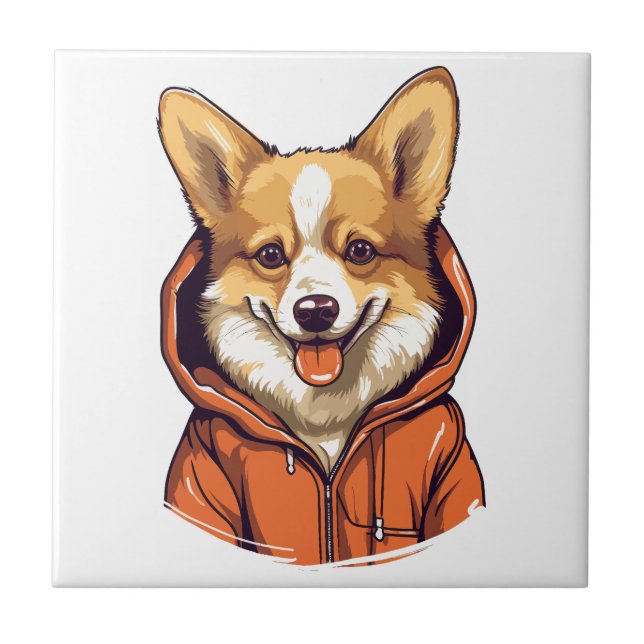 Azulejo Funny Corgi Usando Hoodie (Frente)