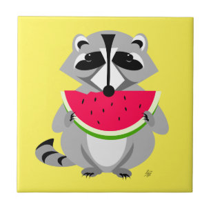 Azulejo Funny Personalizado Raccoon Comiendo sandía