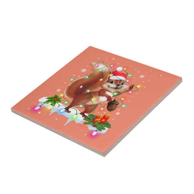 Azulejo Funny Squirrel Decoraciones navideñas Santa Hat Xm (Lado)