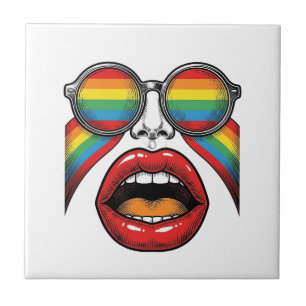Azulejo Gafas de sol arcoíris retro labios cara diseño vec
