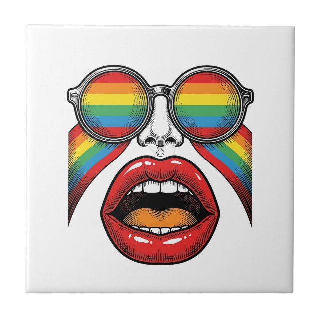 Azulejo Gafas de sol arcoíris retro labios cara diseño vec (Frente)