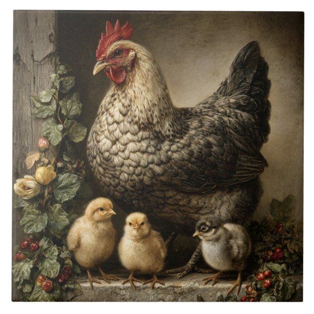 Azulejo Gallina Rústica con Pollitos (Frente)
