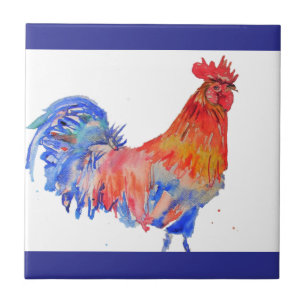 Azulejo Gallo Acuarela Rojo Amarillo Azul Pollo