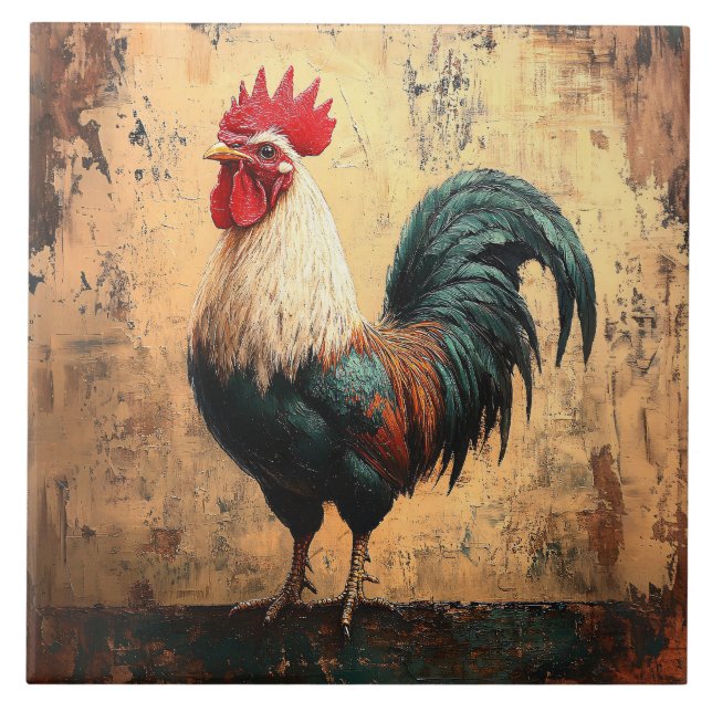 Azulejo Gallo Audaz Pintura al Óleo de Pollo (Frente)