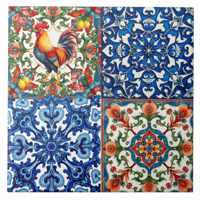 Azulejo gallo colorido, mediterráneo, mosaico, limón, (Frente)