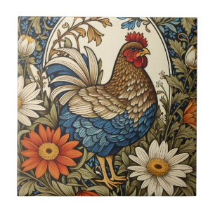 Azulejo Gallo de Granja Antiguo y Flores de Margarita