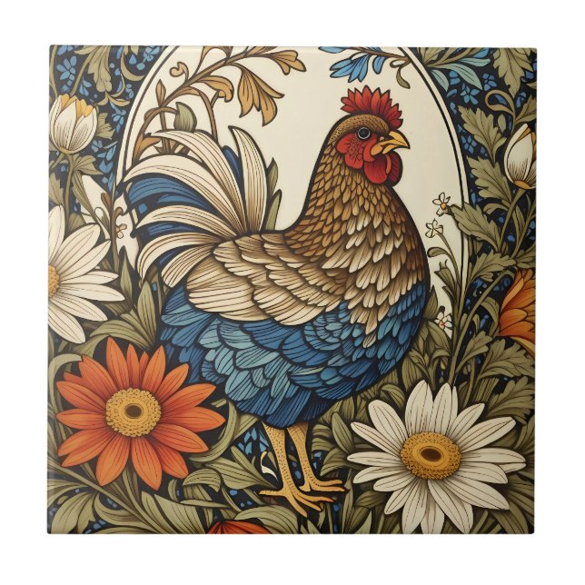 Azulejo Gallo de Granja Antiguo y Flores de Margarita (Frente)