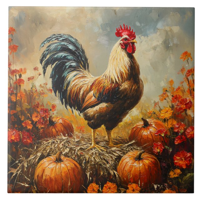 Azulejo Gallo de Otoño con Calabazas (Frente)