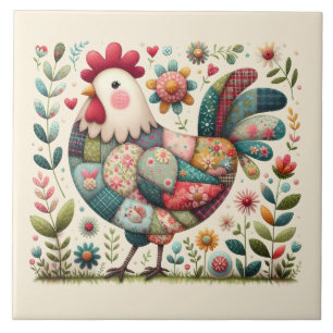 Azulejo Gallo de patchwork folklórico con acentos florales