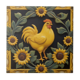 Azulejo Gallo del girasol - Gallina amarilla y girasoles