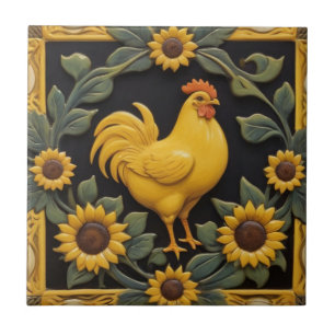 Azulejo Gallo del girasol - Gallina amarilla y girasoles