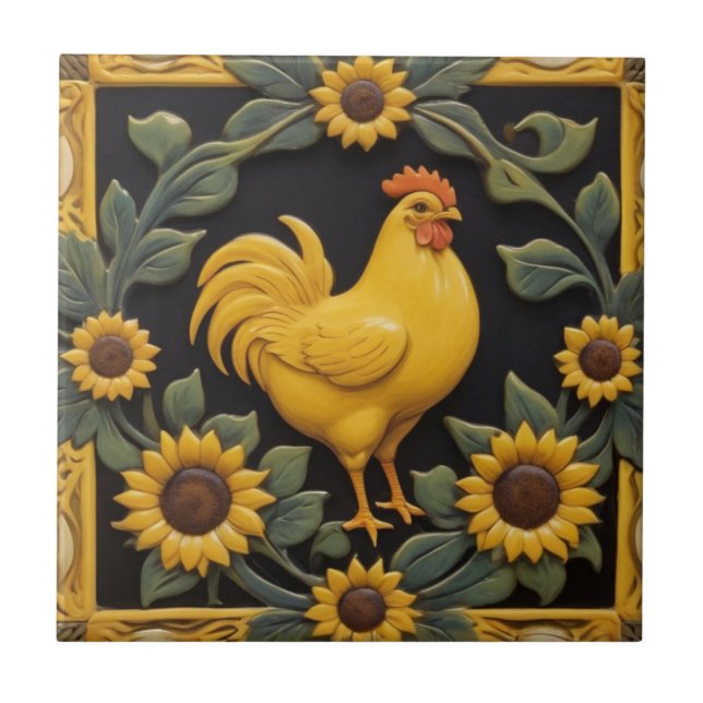 Azulejo Gallo del girasol - Gallina amarilla y girasoles (Frente)