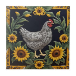 Azulejo Gallo girasol - Gallina gris y girasoles