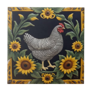 Azulejo Gallo girasol - Gallina gris y girasoles