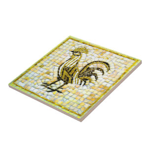 Azulejo Gallo Mosaico en Tonos de Amarillo, Blanco y Negro