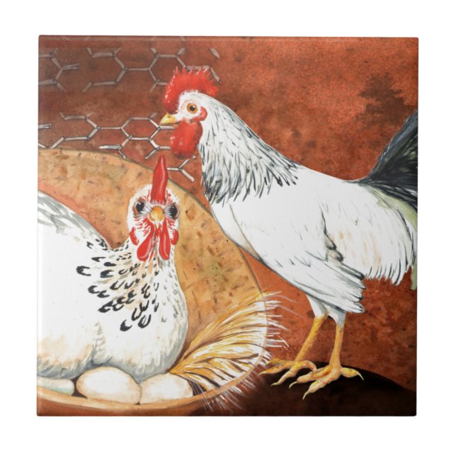 Azulejo Gallo y gallina con los huevos en la jerarquía (Frente)