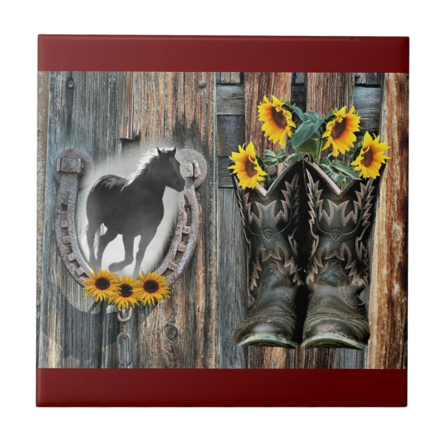 Azulejo Galopando Cowboy Boots Horseshoe Sunflowers (Frente)