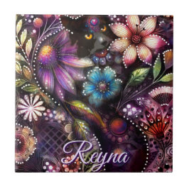 Azulejo Garden Kitty Cat Floral Abstract Personalized