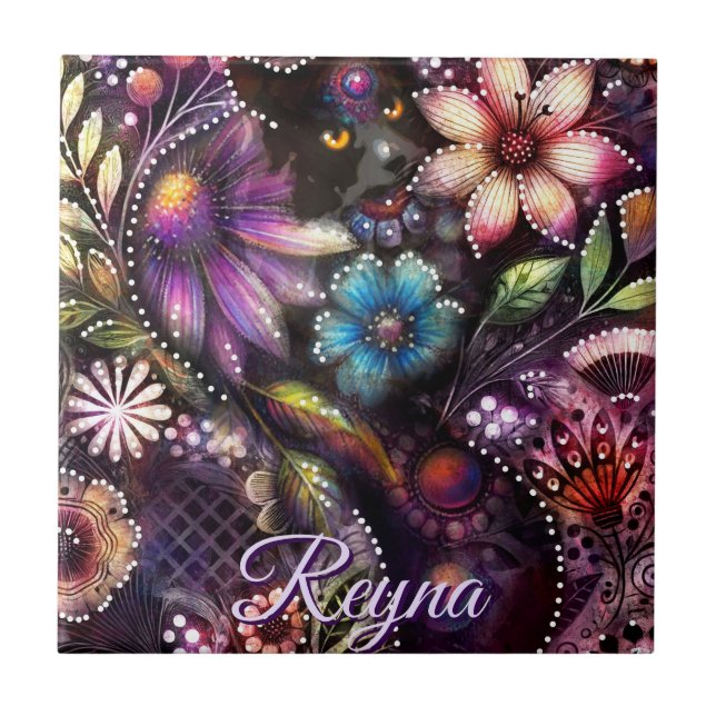 Azulejo Garden Kitty Cat Floral Abstract Personalized (Frente)