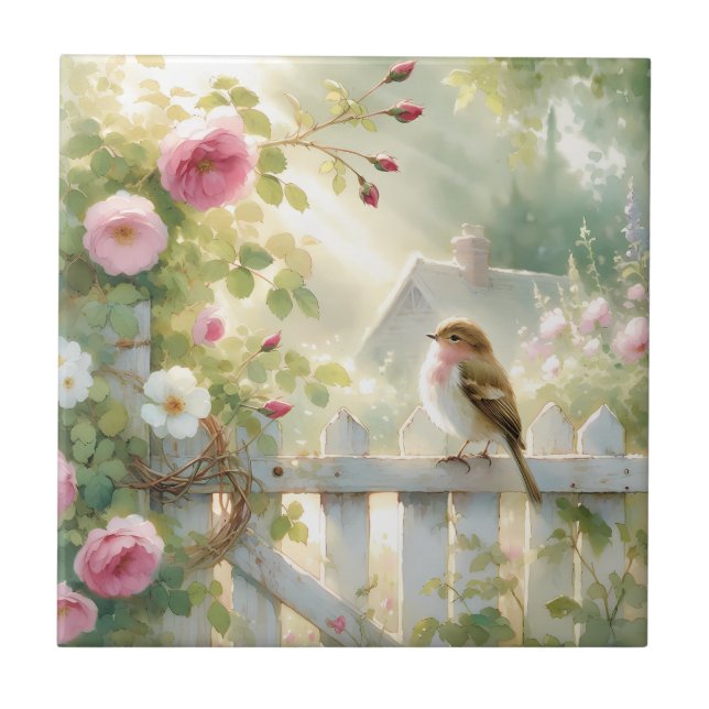 Azulejo Garden Rose Bird Watercolor Scene (Frente)