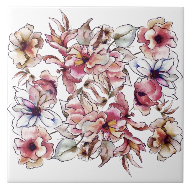 Azulejo Garland acuarela rosa y azul floral de Borgoña (Frente)