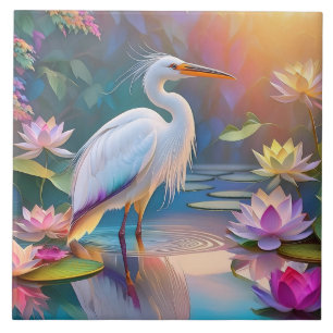 Azulejo Garza Blanca de Pico Naranja Ave de Fantasía