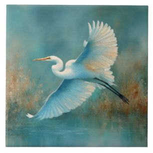 Azulejo Garza Blanca en Vuelo Acuarela