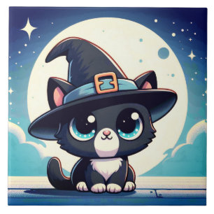 Azulejo Gata bruja de ojos grandes con luna llena